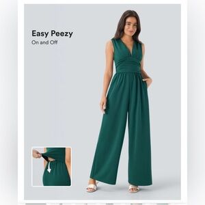 NWT HALARA SculptKnit V Neck Sleeveless Ruched Pocket Jumpsuit-Easy Peezy SIZE M